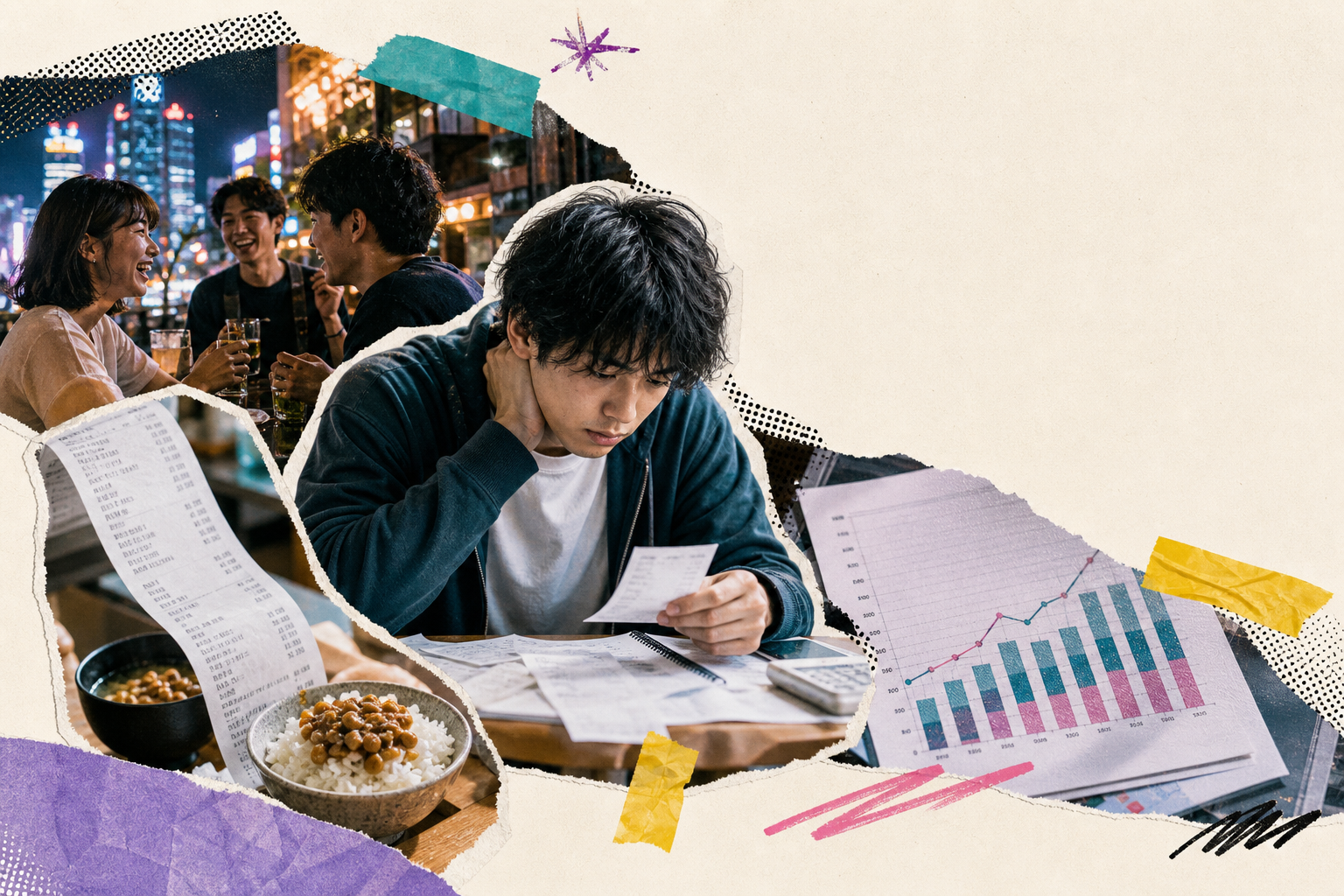 가계부를 보는 청년, 소박한 식사, 영수증과 밤의 모임을 오려 붙인 현재와 미래의 돈 콜라주