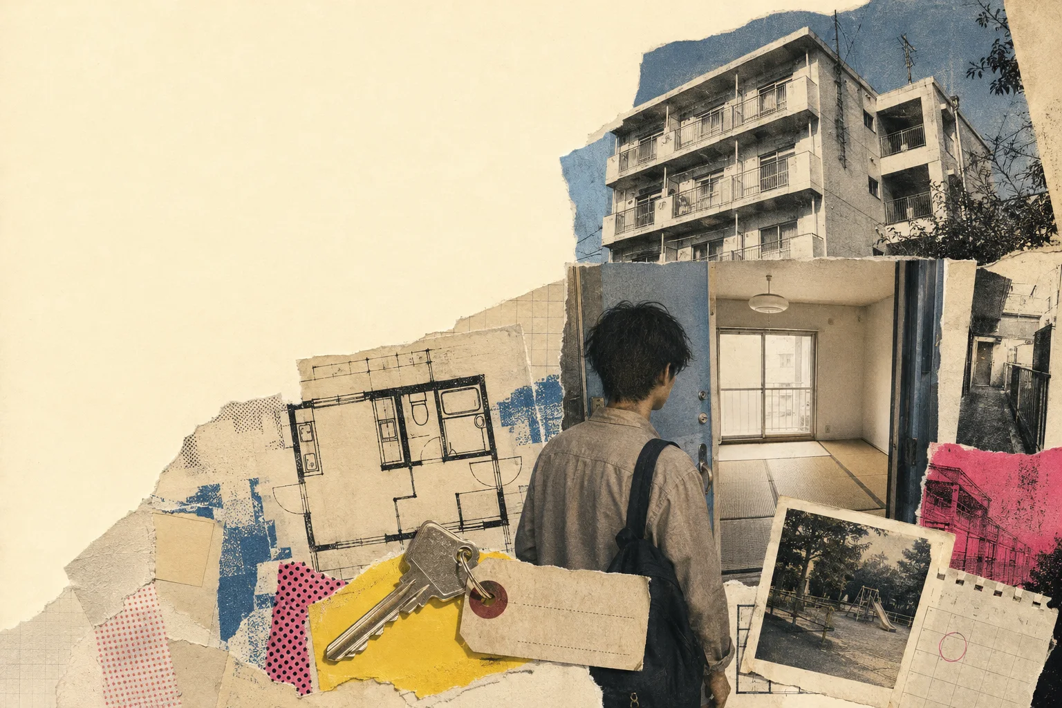 평범한 일본의 임대주택과 빈 방, 열쇠와 도면, 문 앞에서 고민하는 사람을 구성한 밝은 종이 콜라주