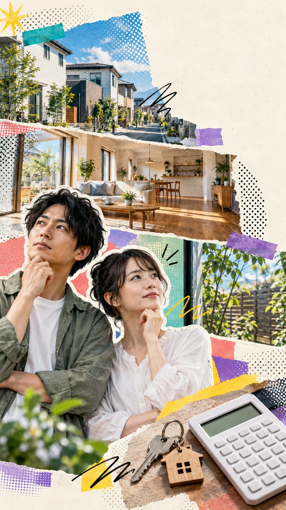 일본의 주택가와 집을 고민하는 두 사람, 거실과 집 열쇠·계산기를 세로로 쌓은 종이 콜라주