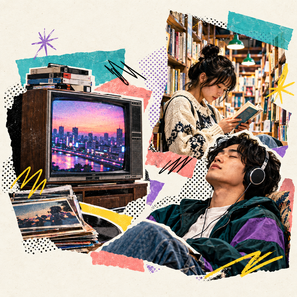 공통의 TV 화제와 여러 취향 공동체를 연결한 종이 콜라주