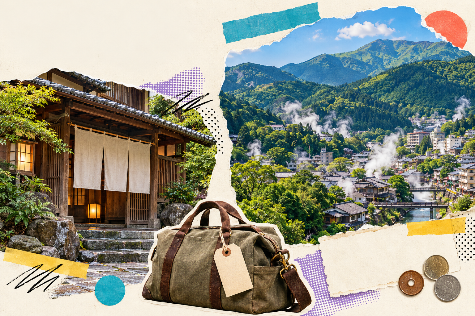 温泉旅館と九州の山あいの温泉街、旅行かばんと硬貨を組み合わせた編集コラージュ