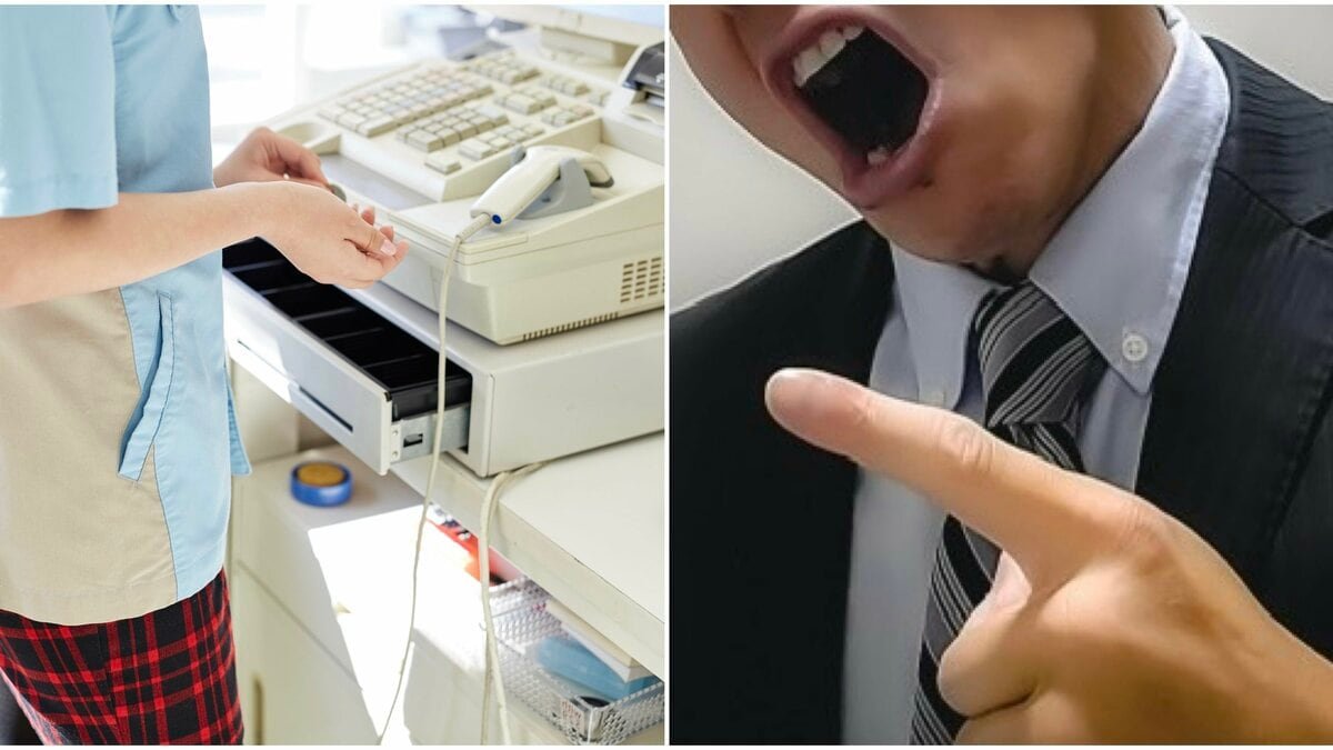 コンビニのレジに立つ店員と、指をさして怒鳴る男性客のイメージ