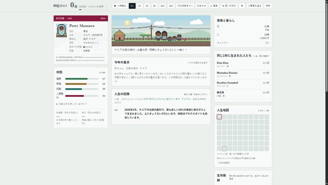 『80億分の1』のプレイ画面。左に生まれた人のプロフィール、右に「同じ1秒に生まれた人たち」の一覧が並ぶ